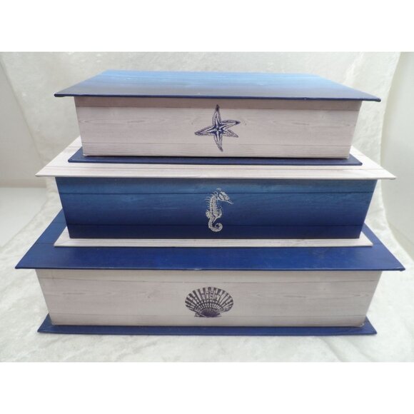 Nautical-Themed Nesting Storage Boxes Set Of 3 Starfish Seahorse Shell Decor - Picture 1 of 10